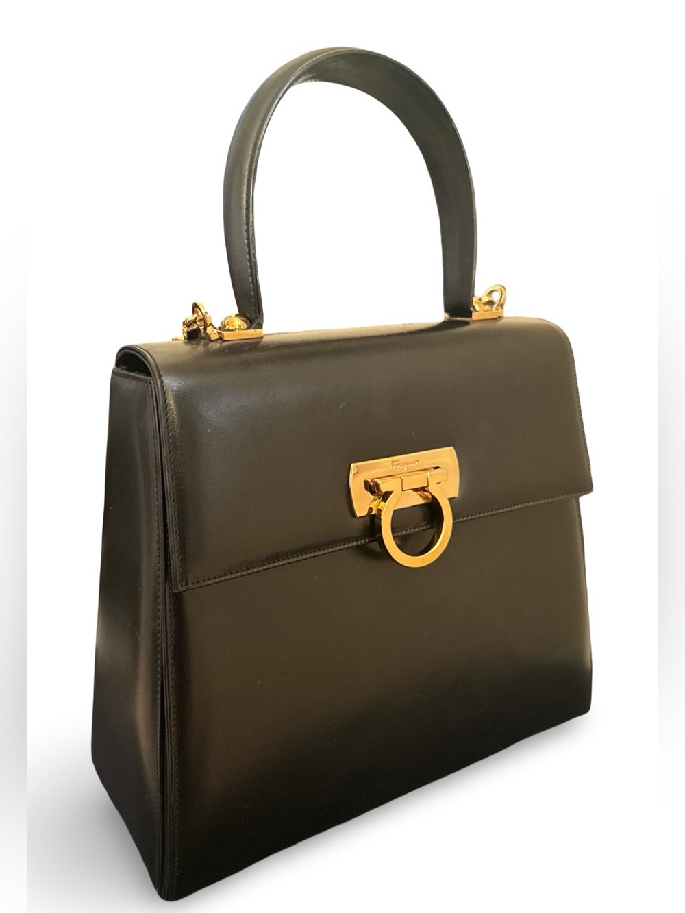 Salvatore Ferragamo Vintage Gancini Top Handle Bag Black Leather Gold Hardware - Picture 14 of 14